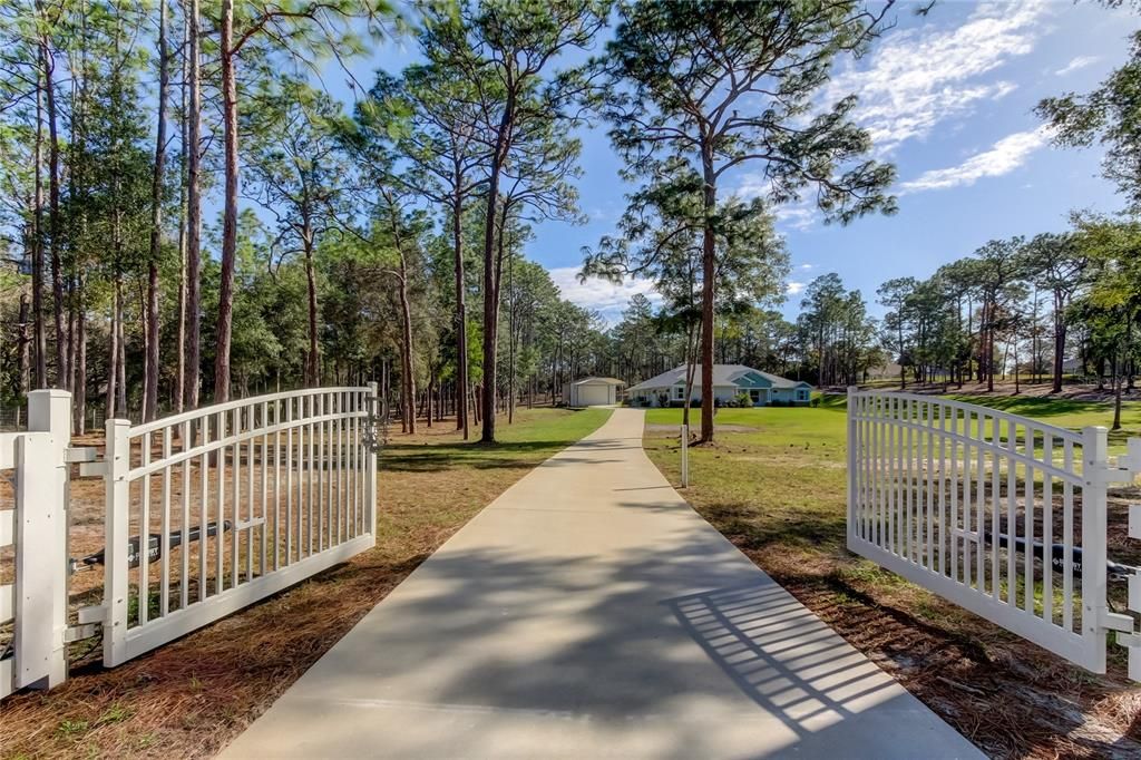 Security gate, paved driveway/walkway, with a street light