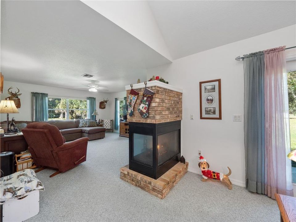 Gas Fireplace Divides the Living Room and Family Room