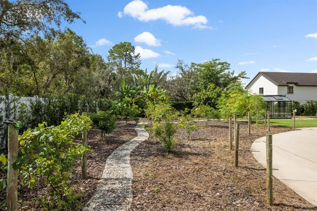 Nurtured garden with mature trees provides a serene and green welcome.