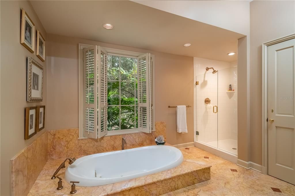 A large garden tub and walk-in shower in the primary bath.