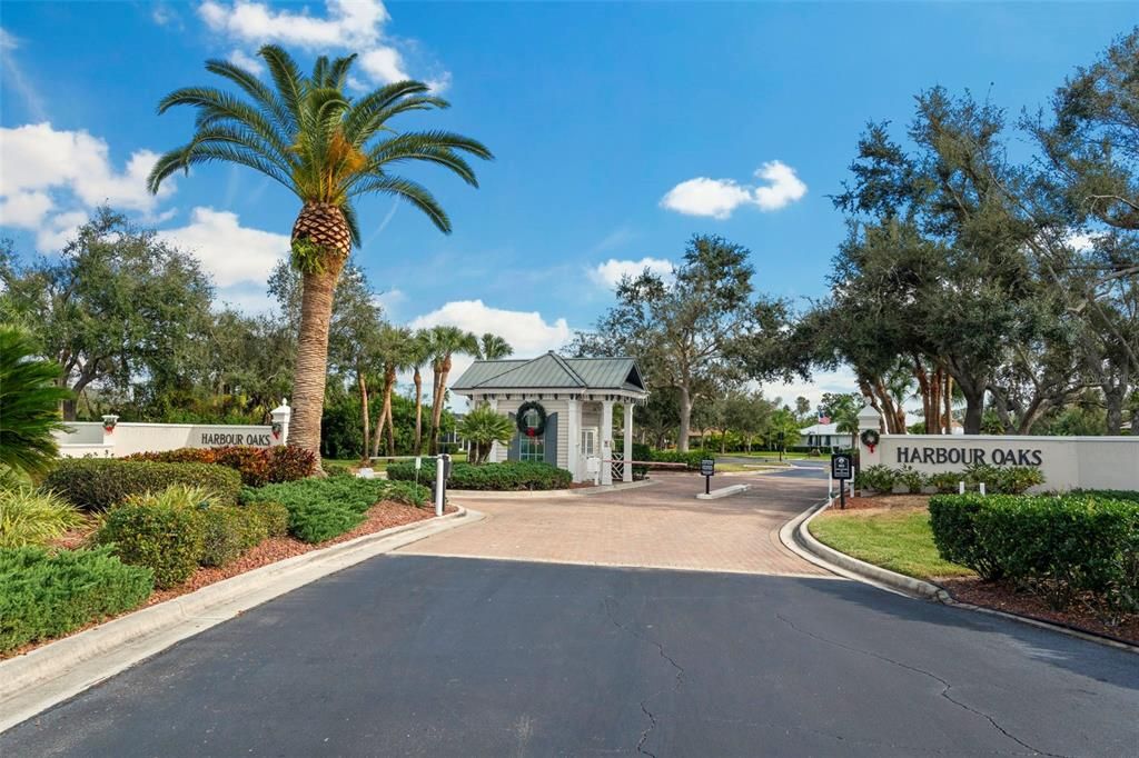 The gated entrance of the exclusive community of Harbour Oaks