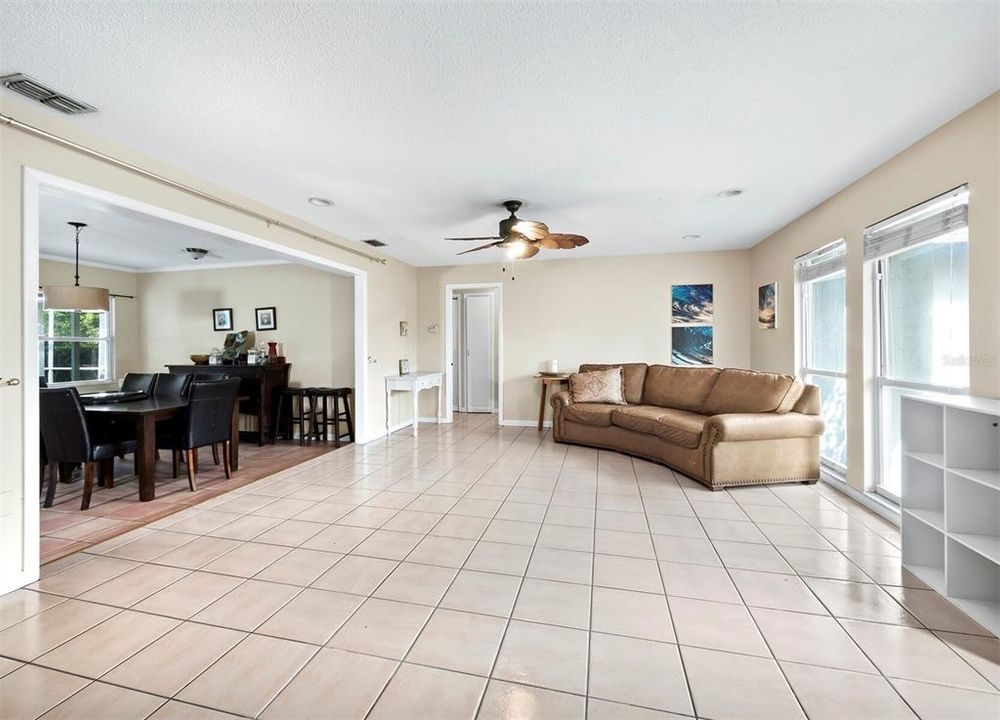 Huge living room opens to dining room