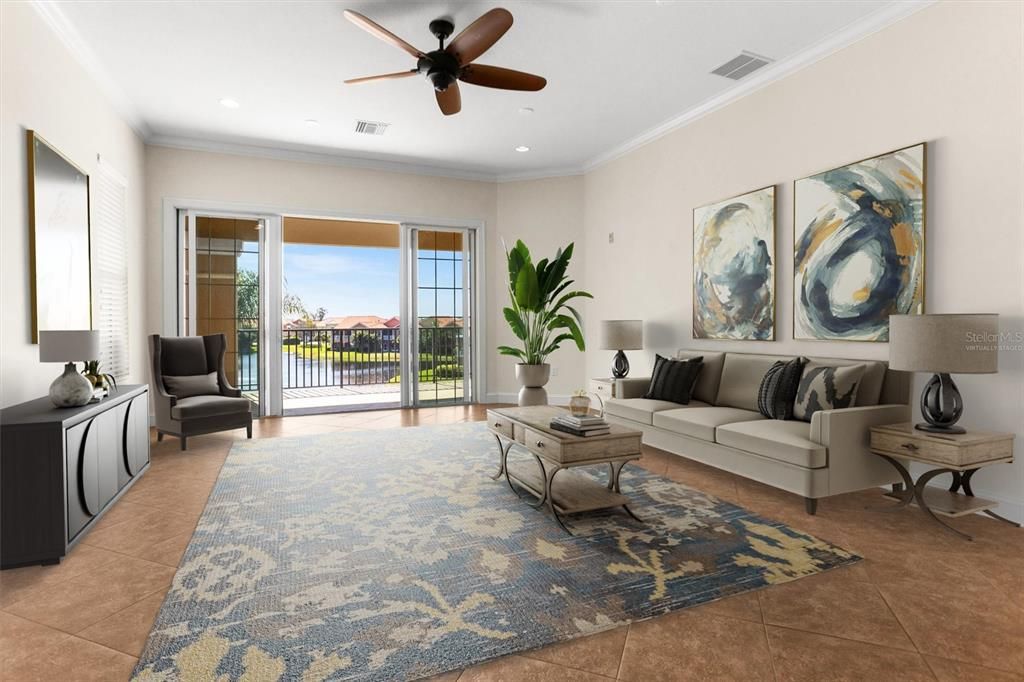 VIRTUALLY STAGED photo of Very large Living Room with 10' ceilings and walls of windows.