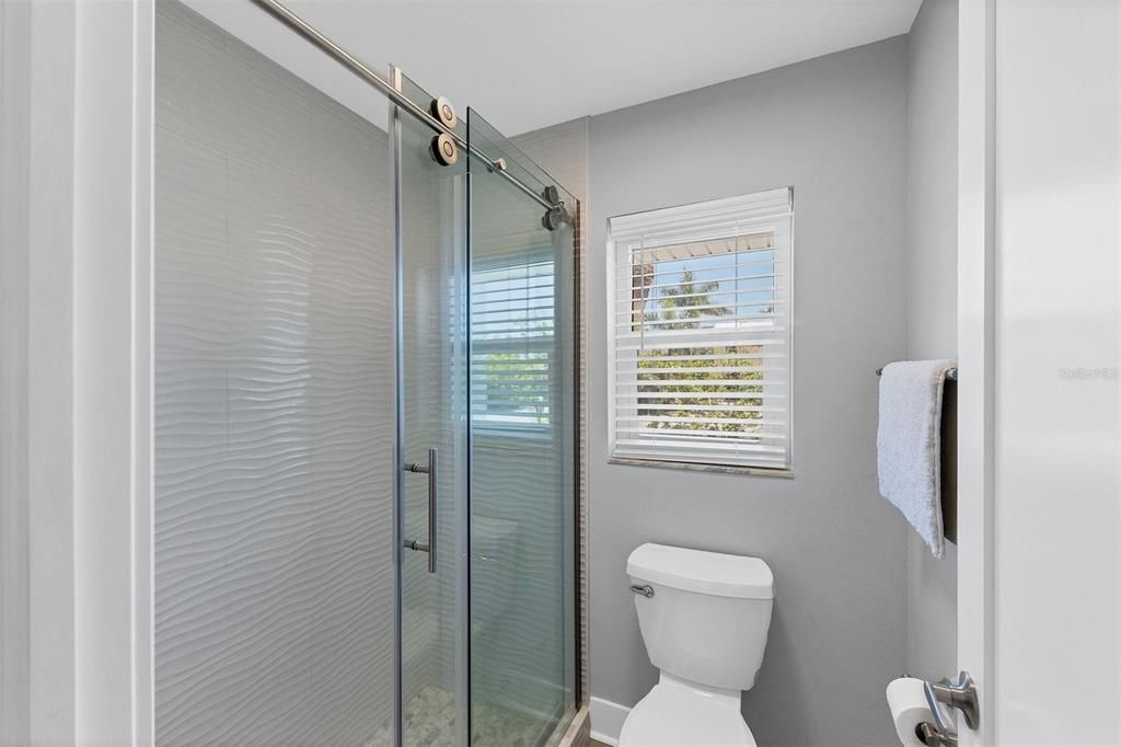 Private Shower room features designer tile and Euro Shower Door