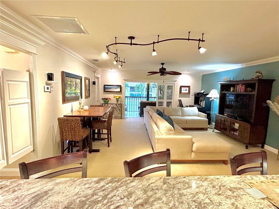 The view to the open floor plan from the kitchen.