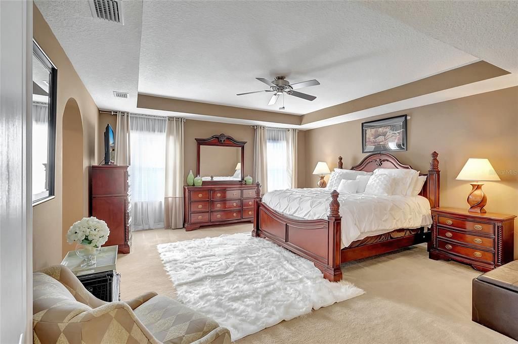 Primary bedroom featureing tray ceilings