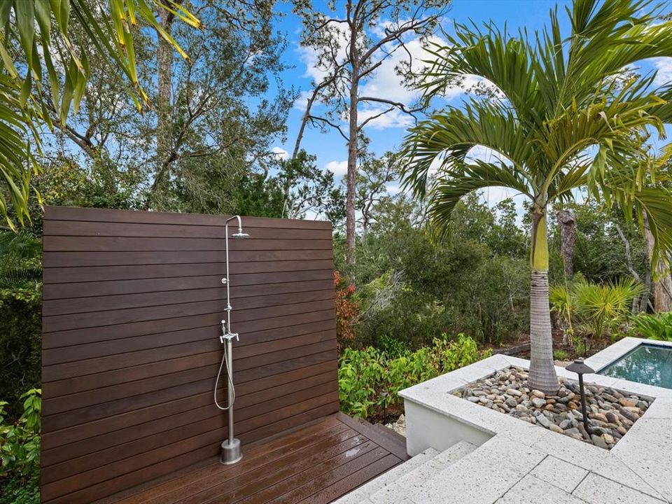 The pool is flanked with an artistic outdoor shower.