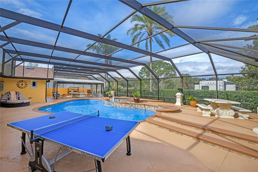 Long view of pool toward covered area.