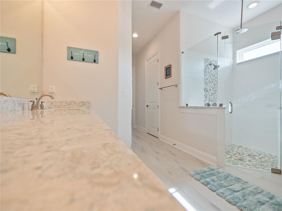 Primary bath with beautiful counter top and shower with dual heads.