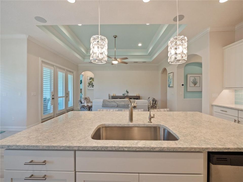 Kitchen sink, with reverse osmosis, elegant lighting, view to family room with surround sound and double tray ceiling.