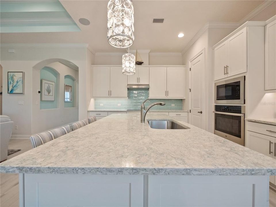 Kitchen Island with unusually lively quartz and recessed lighting, reverse osmosis under sink for outstanding water.