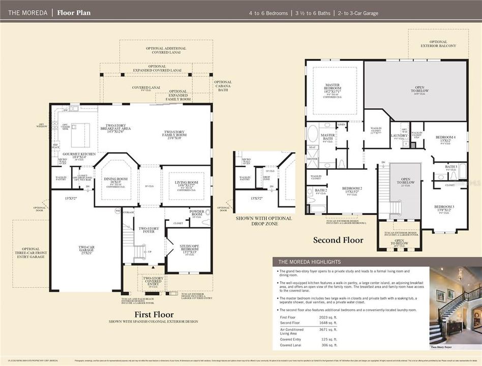 The base floor plan of the Moreda Model. Although a reverse foot print, the general floor plan can be seen here. Structural options added to this home include a bumped out master with dual walk in closets, the extended front porch as well as extended lanai across the entire back of the home. In addition the cabana full bath, optional third car garage and drop zone with built ins was added. An enclosed storage room was created by builder for just this model home - located between garage and drop zone. The structural options added and additional 201 SQFT of living space for a total of 3818 SQFT living and 4991 total SQFT.