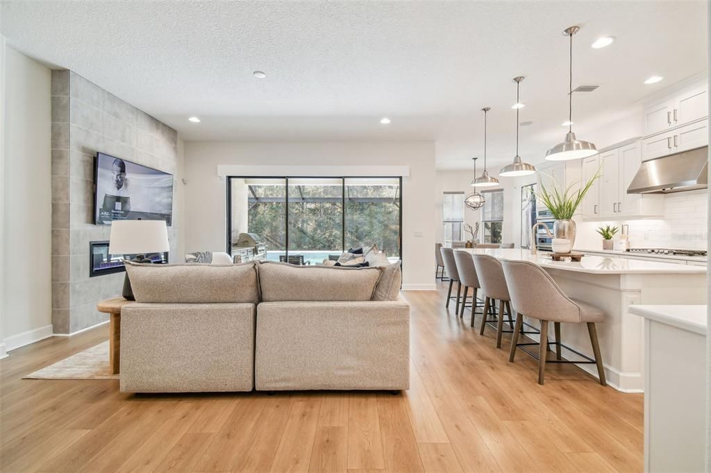 Kitchen and living room.