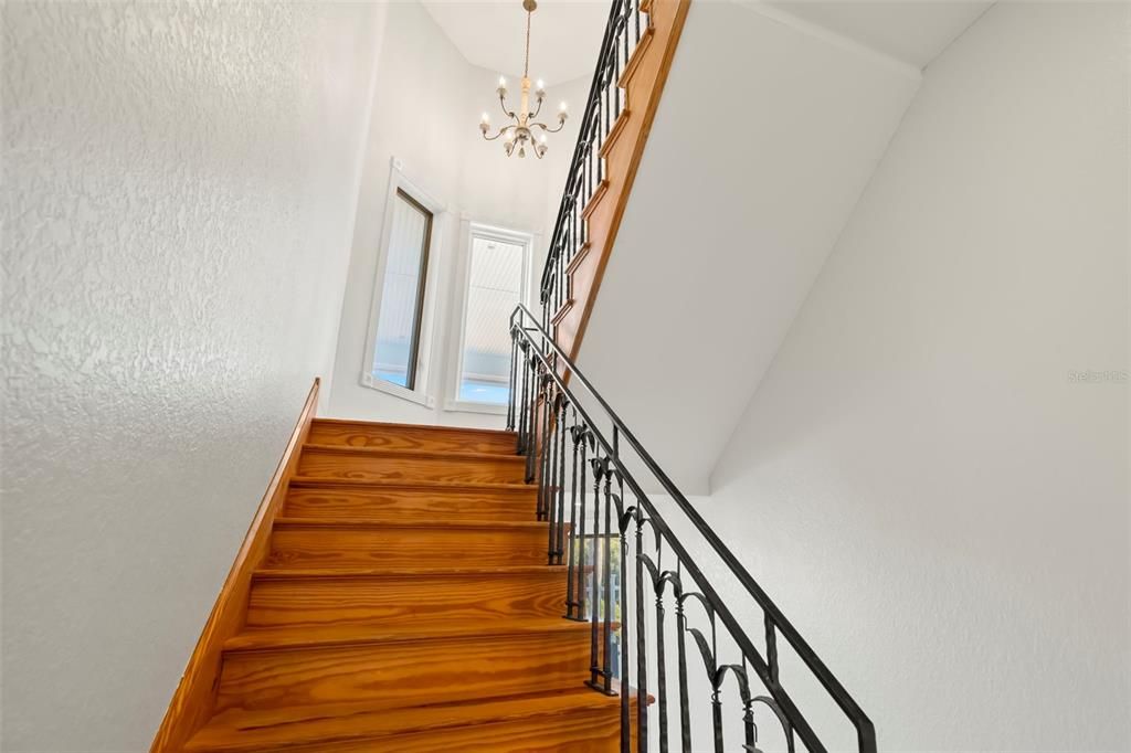 Solid Pine stairs with custom Mangrove theme iron railings.