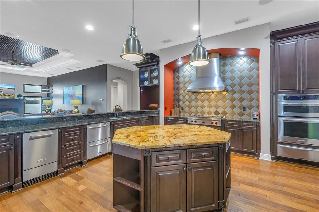Pendant lighing, kitchen island, walk in pantry, stainless steel appliances and icemaker.