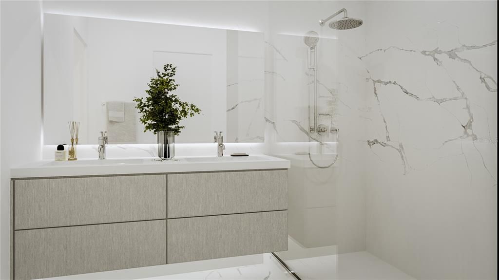 Floating vanities with glass shower enclosures