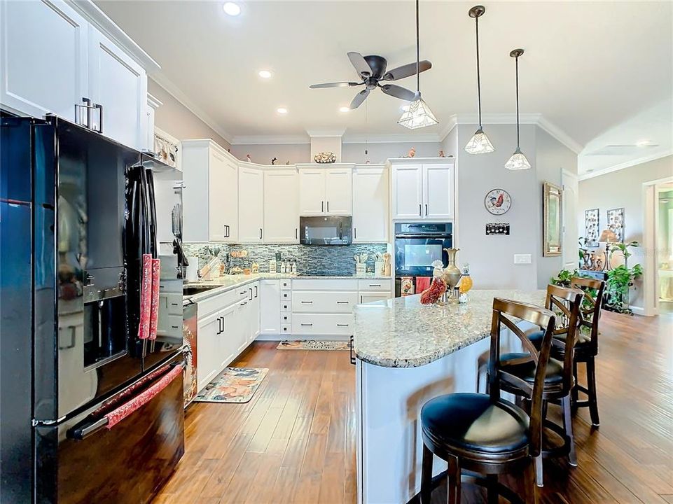 Gourmet Kitchen top of the line appliances, induction stove, double oven, large fridge and wine fridge in island, granite counters soft close cabinets