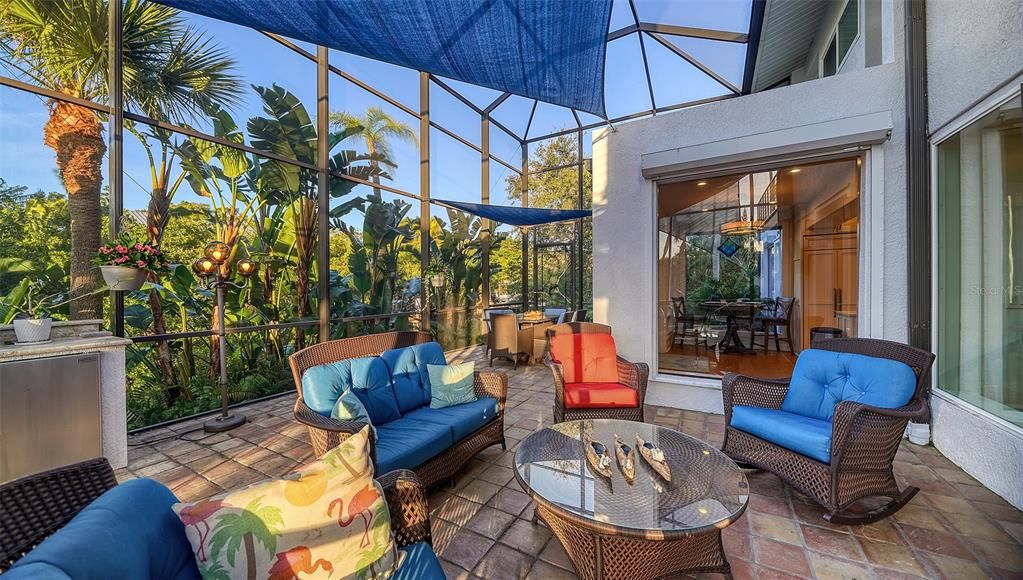 Patio area with 2 story screened cage, grill area with refrigerator and custom navy sails for ambience and shade overlooking both the pool and the canal