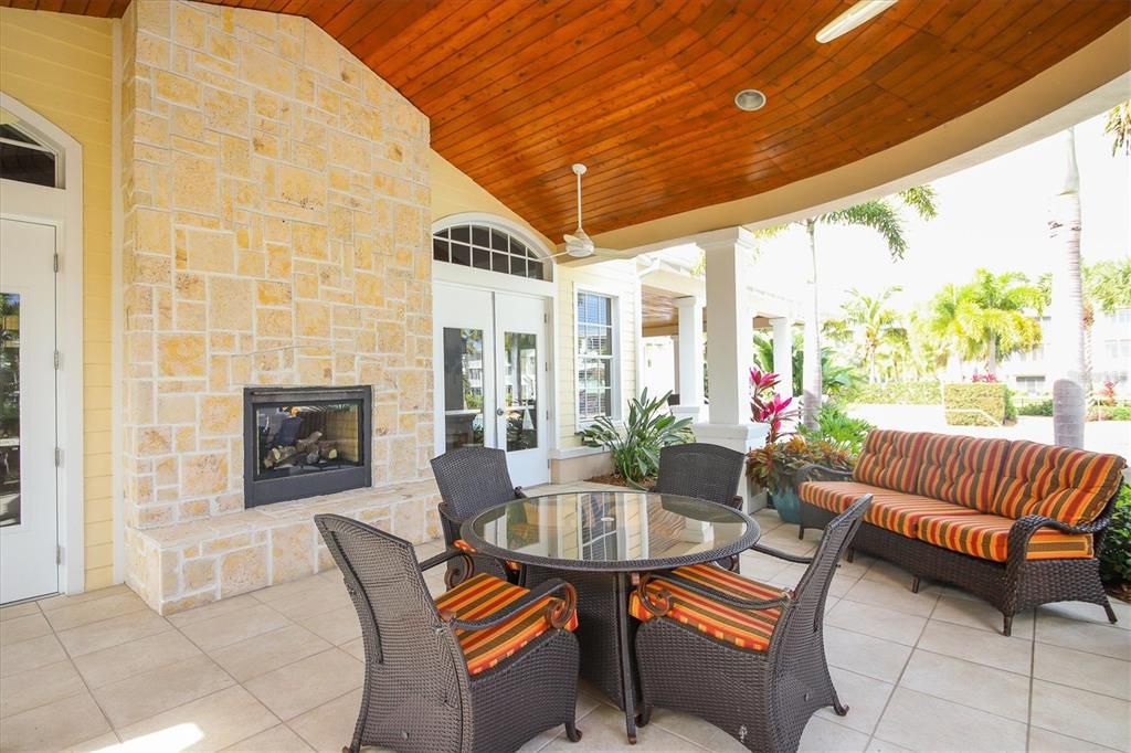 Outdoor seating area with fireplace