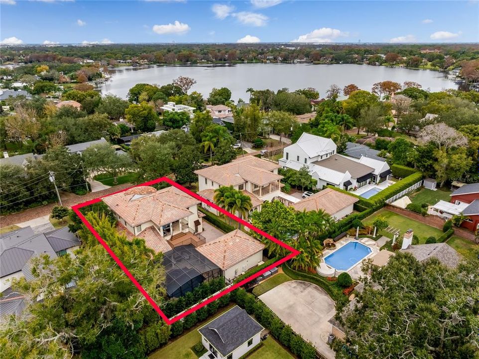 Aerial View property outlined in red, looking toward Lake Osceola and Park Avenue