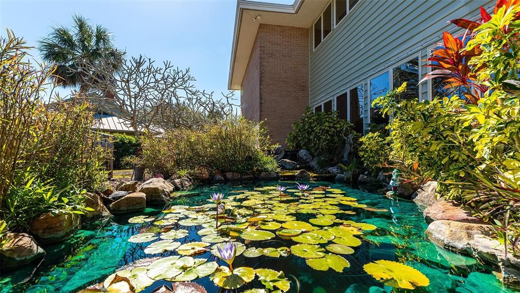 Beautiful grounds offering a fully stocked koi pond.