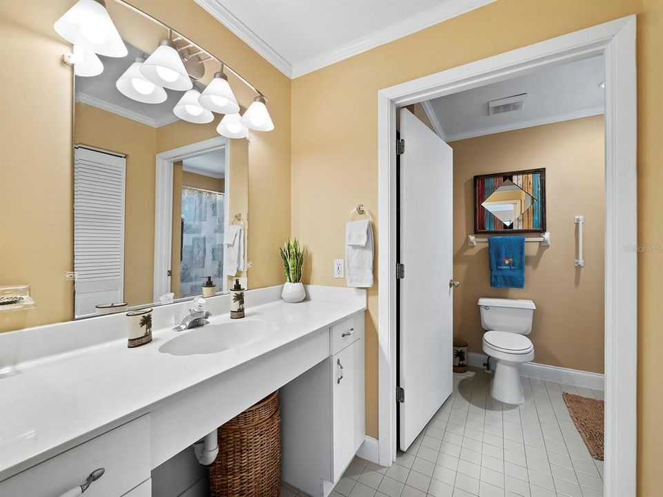 The primary bedroom's ensuite unfolds with a vanity area and a walk-in closet, paving the way to a bathroom with both a tub and shower.