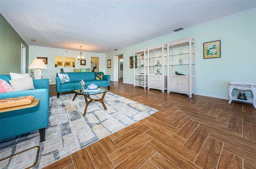 Living room with herringbone floor  tiles