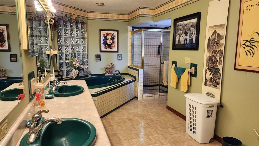 Huge Primary Bathroom with double sinks as well as a separate shower.  There is a tub but please note that the seller said it has not been used in years.