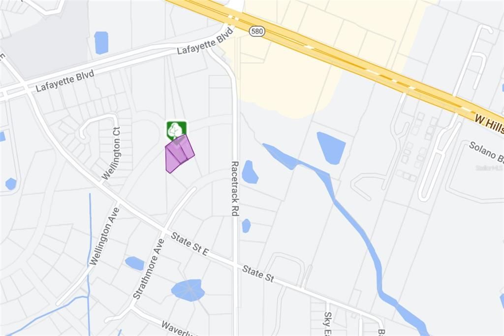 Approximate property lines of 3 lots outlined in purple