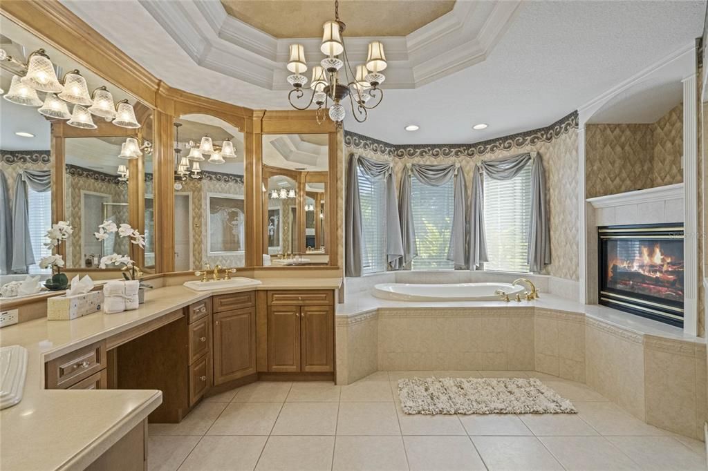 Master Bath Retreat features a Gas Fireplace and Luxurious Soaking Tub