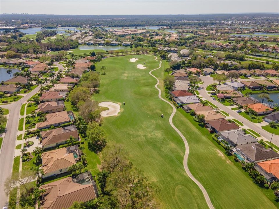 Aerial view of golf course and path