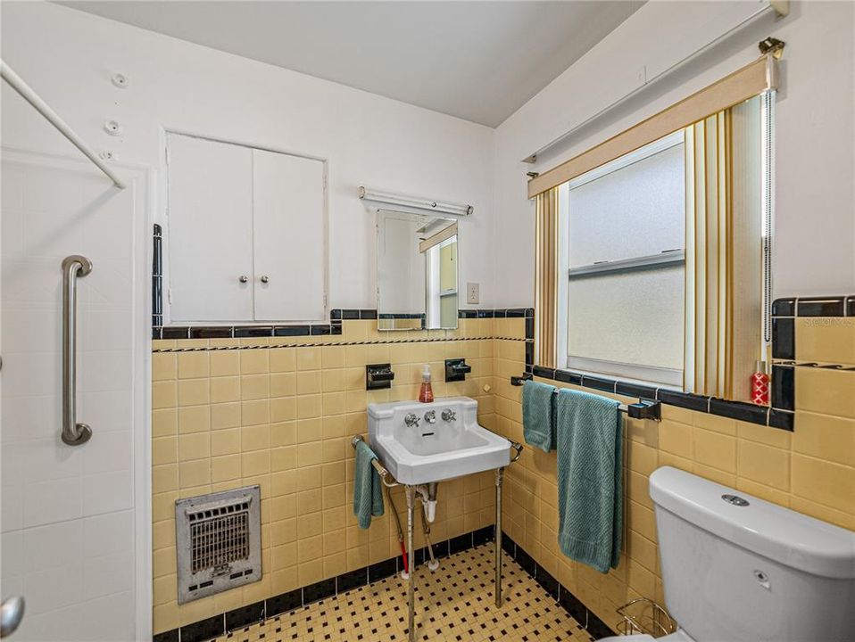 Ensuite bath with walk-in shower.  Double doors on the wall open up a large medicine cabinet.