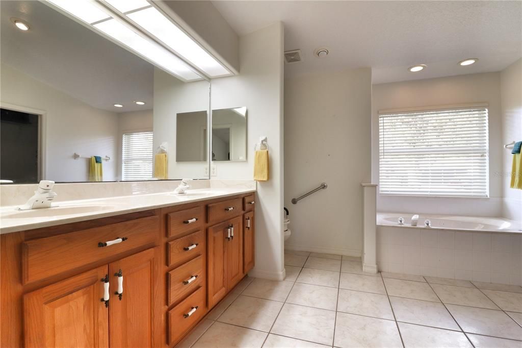 master bath with dual sink vanity and garden tub