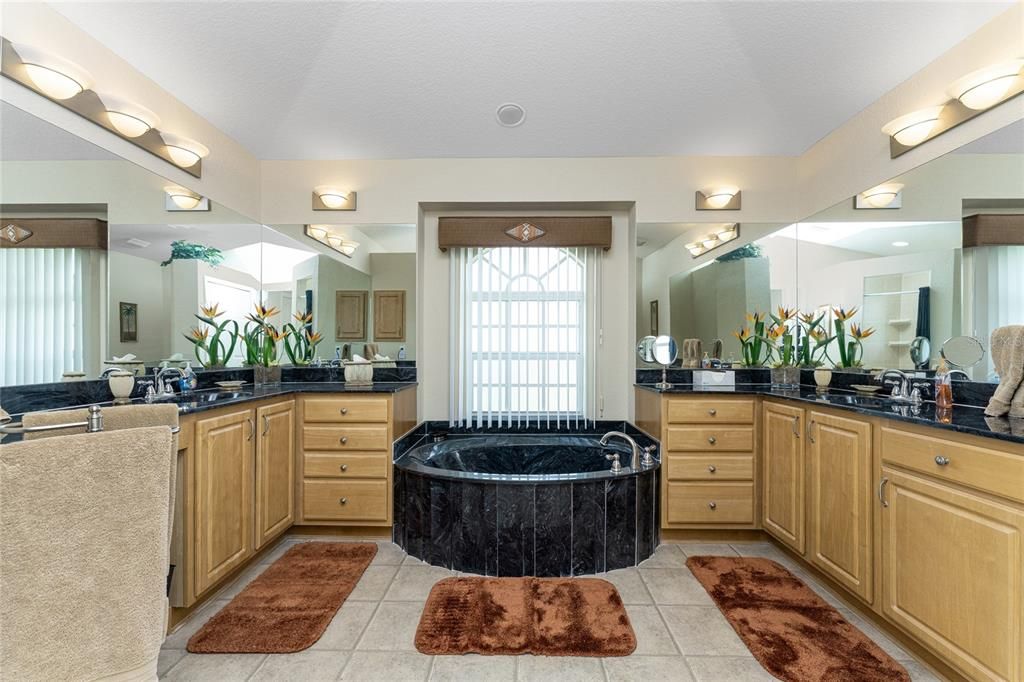 The master bathroom has TONS of counterspace and storage with a double vanity layout.