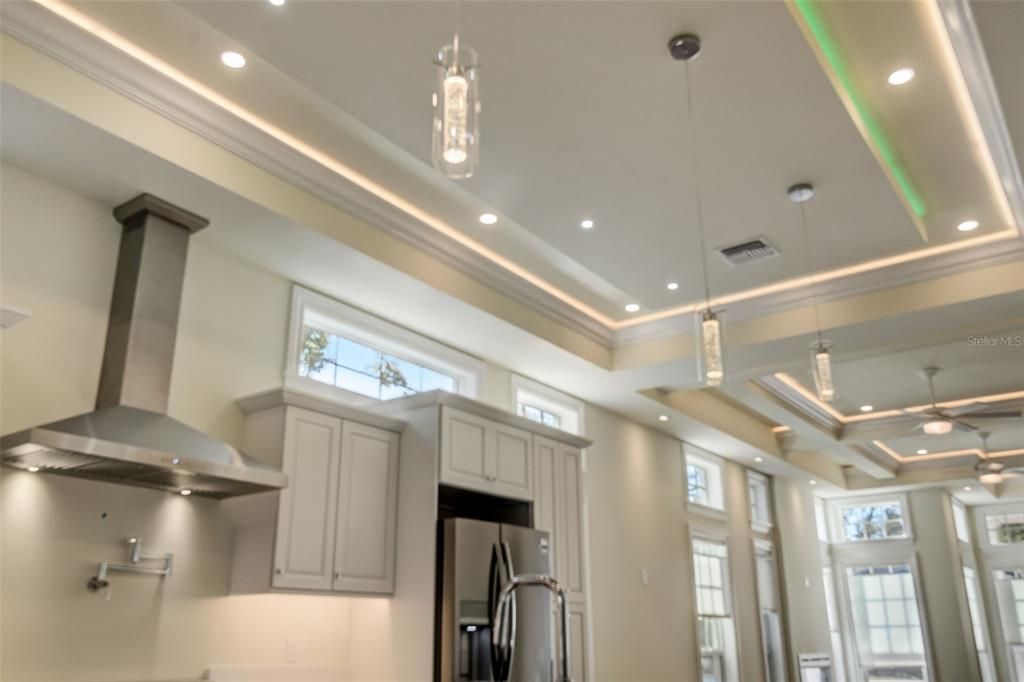 Intricate designed coffered ceilings have inset led color changing led lights and recessed lighting.