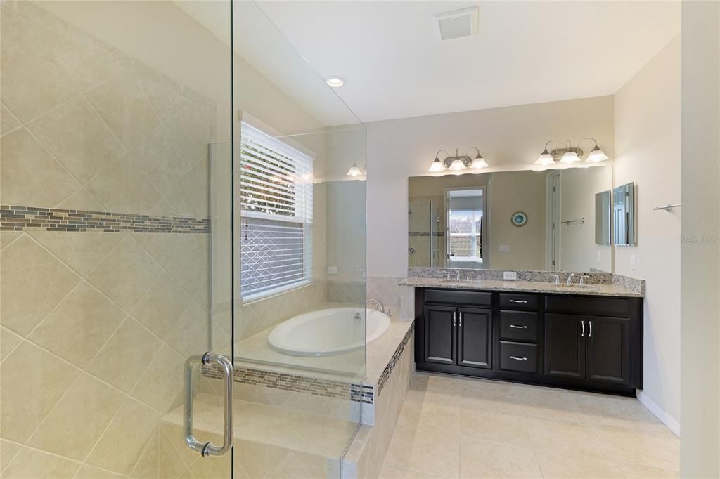 Primary bathroom- walk-in shower, tub, with dual vanities, water closet, and Huge Walk-in Closet
