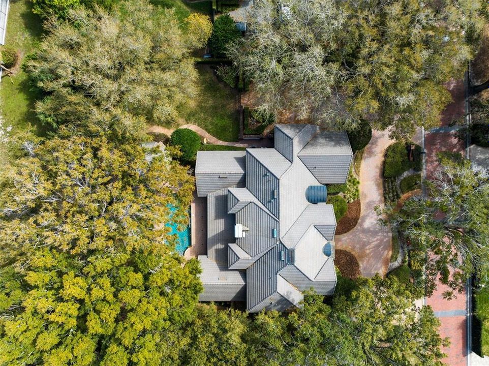 Aerial view of the backyard and pool area.