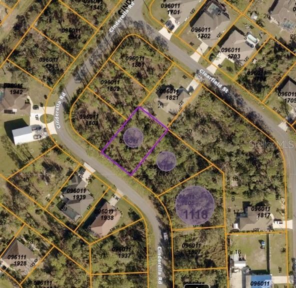 3 lots with purple circles- over 3/4 of an acre