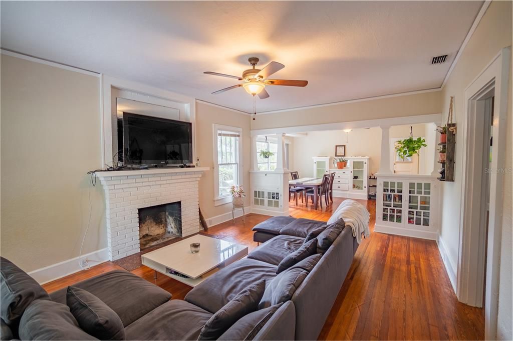 Living Room with high ceilings and fireplace