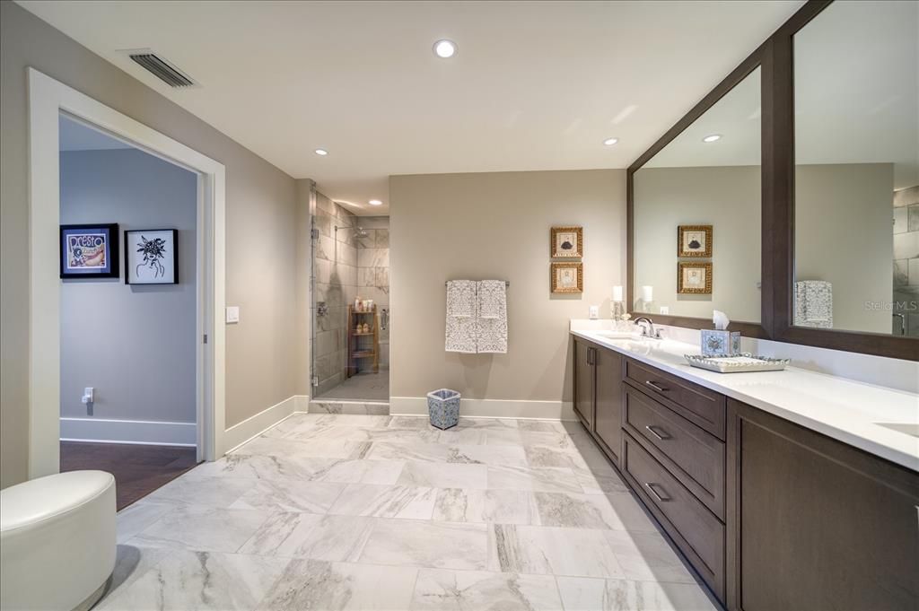 Abundant space and attractive finishes complement the primary bath area..