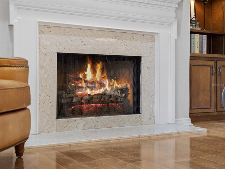 Family room features wood burning fireplace