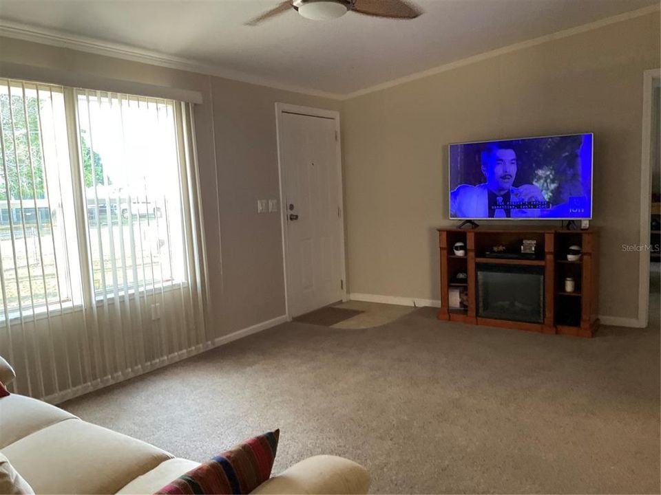 Living room with vertical blinds