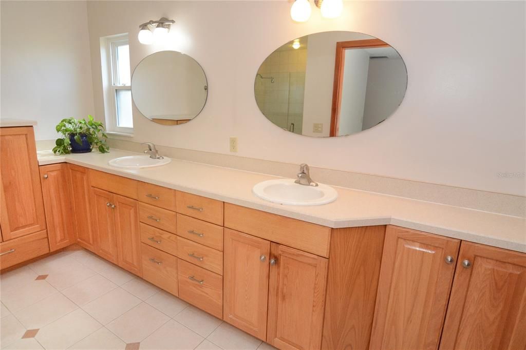Master bath with a great amount of cabinet and counter space plus dual sinks!