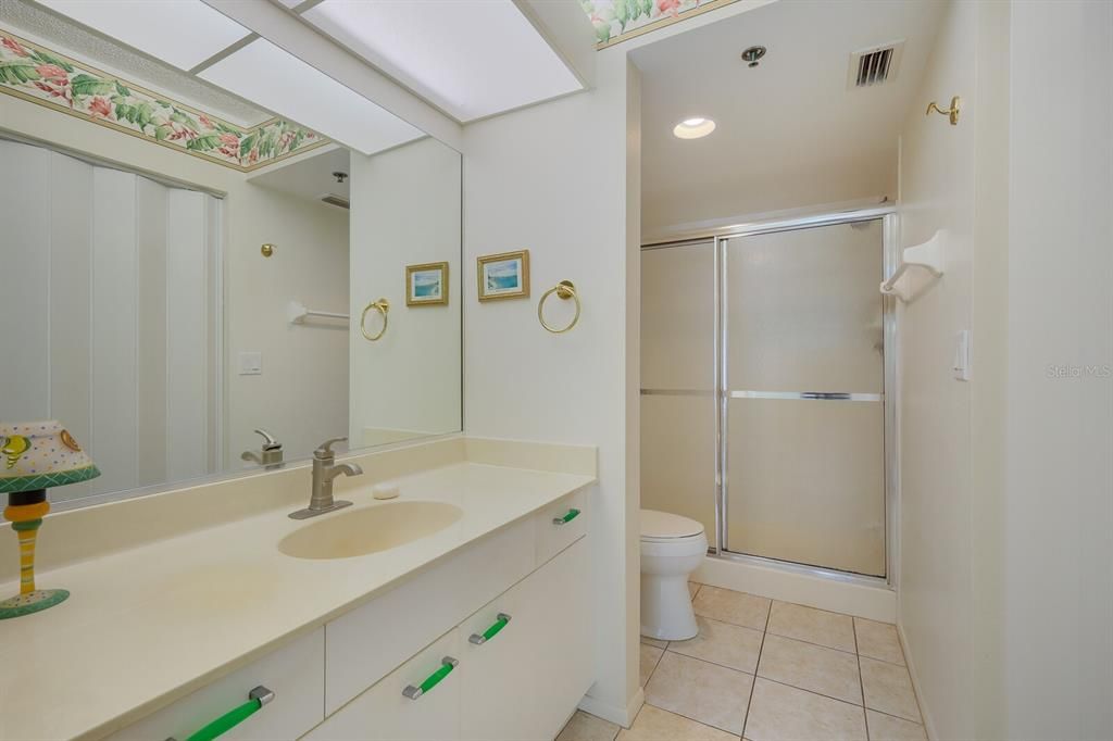 MASTER BATHROOM WITH EXTENDED COUNTERTOP, OVERSIZED MIRROR AND WALK-IN SHOWER.