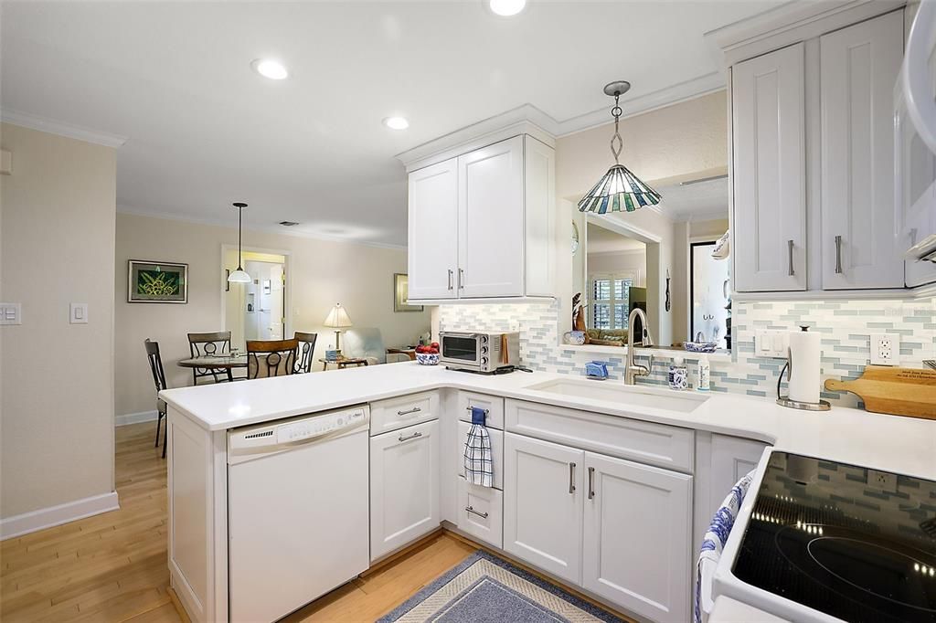 quartz counter tops, large sink, pull out shelving in the cabinets