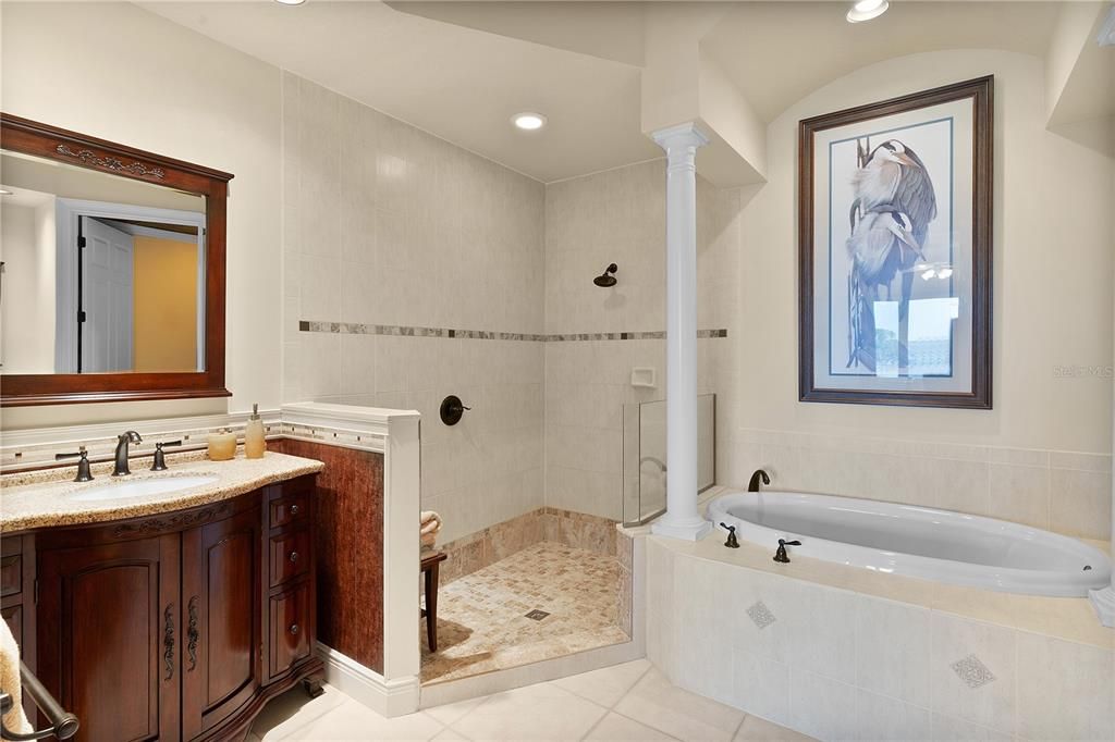 Primary Bathroom with walk in shower, two vanities, soaker tub, and WC
