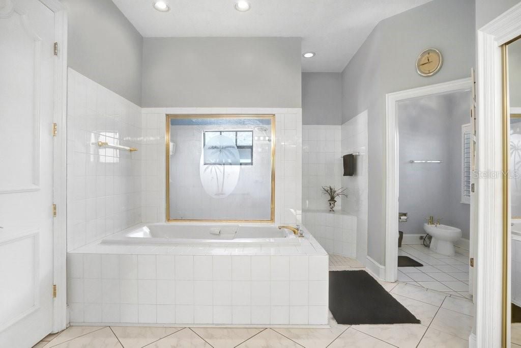 The master en-suite features a large soaking tub with a window to the oversized walk-in shower, and there is ample overhead lighting.