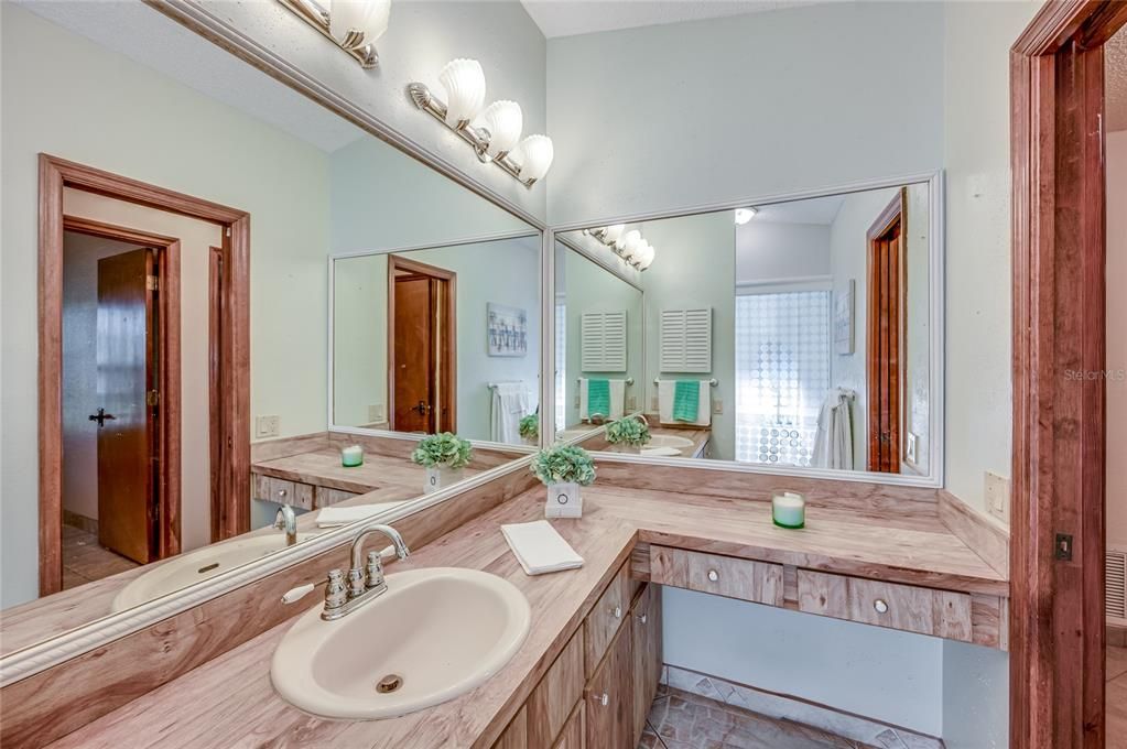 Large Guest Bathroom with Shower/Tub and lots of storage. Large mirrors, with under counter space to use as a make-up vanity.