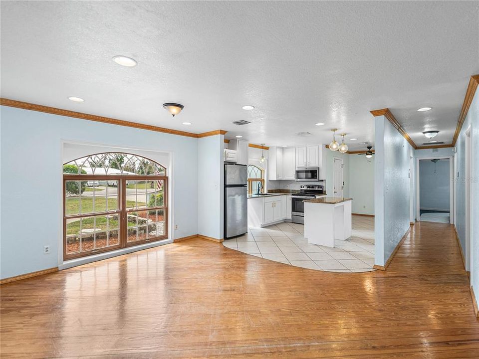 Looking into renovated kitchen....hallway leads to two bedrooms and the 2nd bathroom.