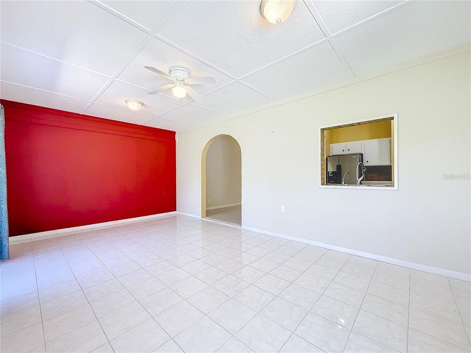 family room with pass through to kitchen